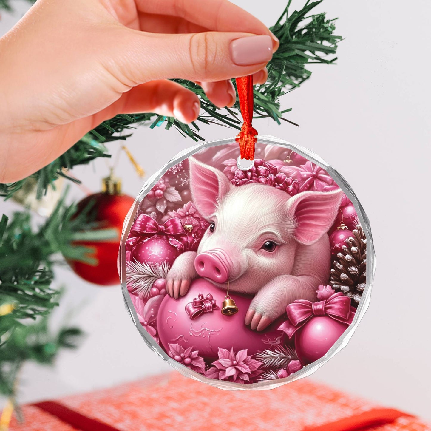 Pig Pink Christmas Design 4 Glass Ornament