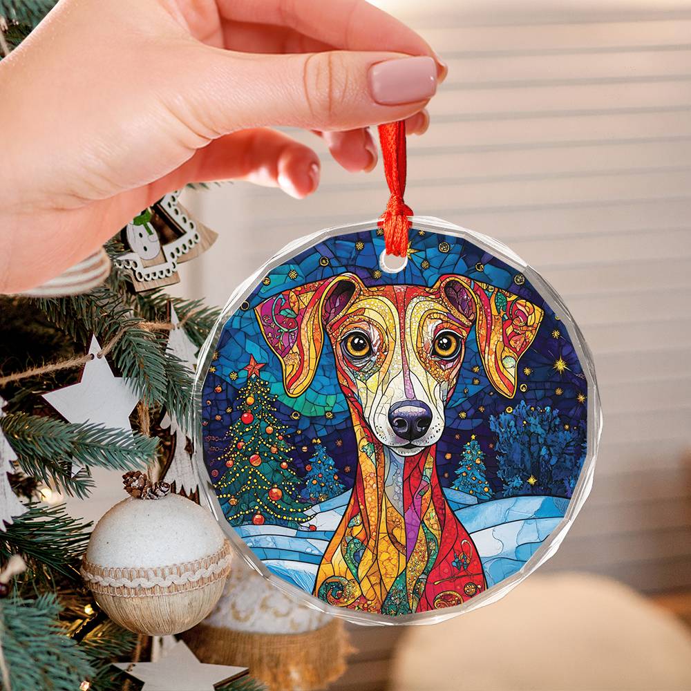 Beautiful Whippet Dog Christmas Night Design 2 Glass Ornament