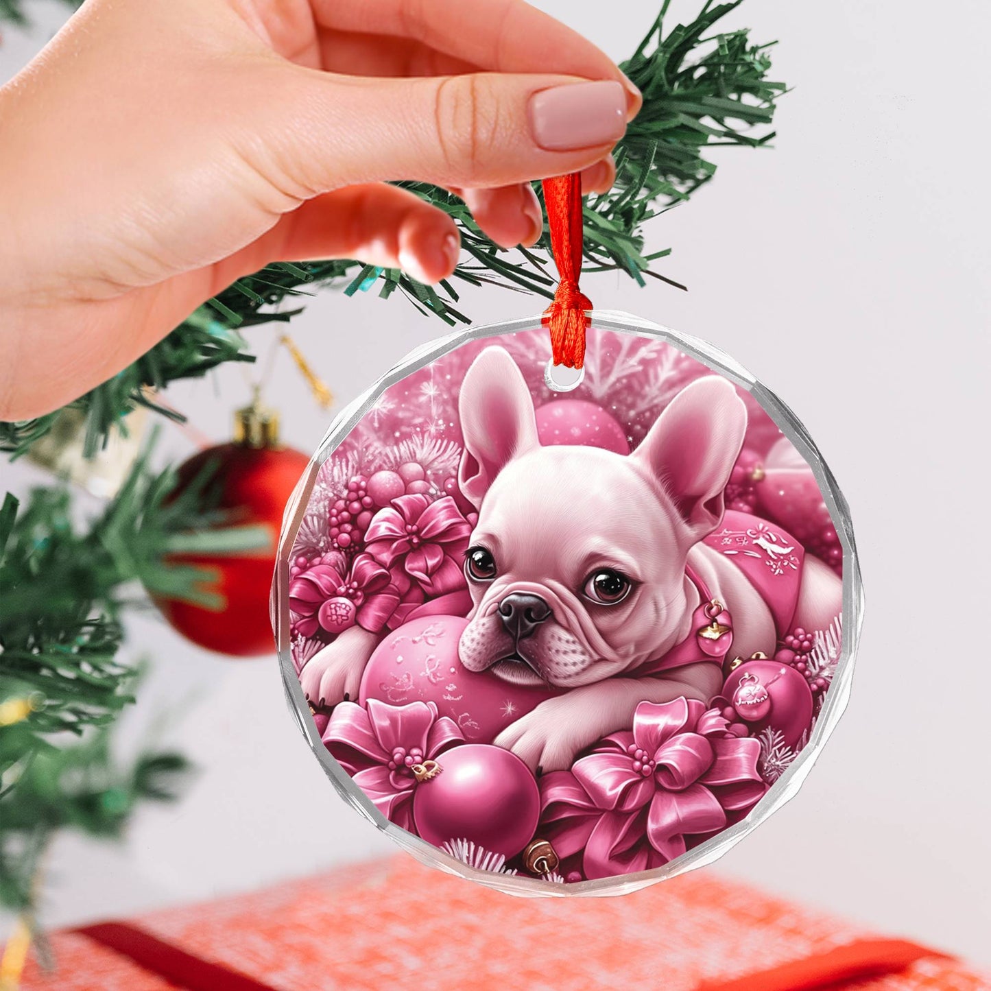 French Bulldog Pink Christmas Design 2 Glass Ornament