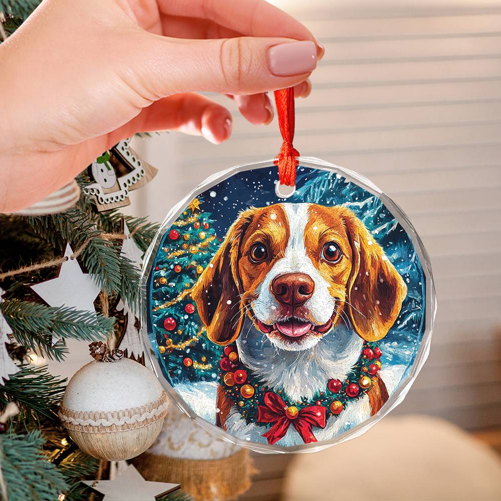 Beautiful Angus Beagle Dog Christmas Night Design 3 Glass Ornament