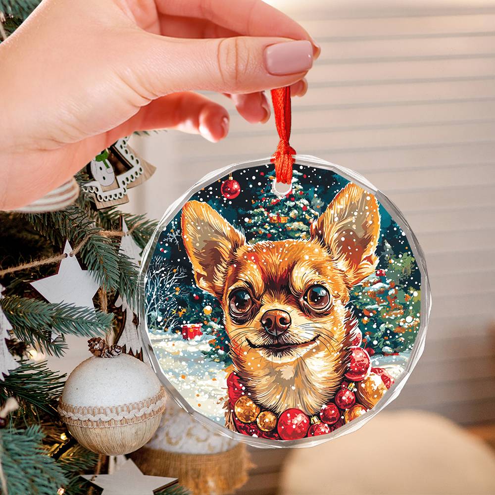 Beautiful Chihuahua Dog Christmas Night Design 3 Glass Ornament
