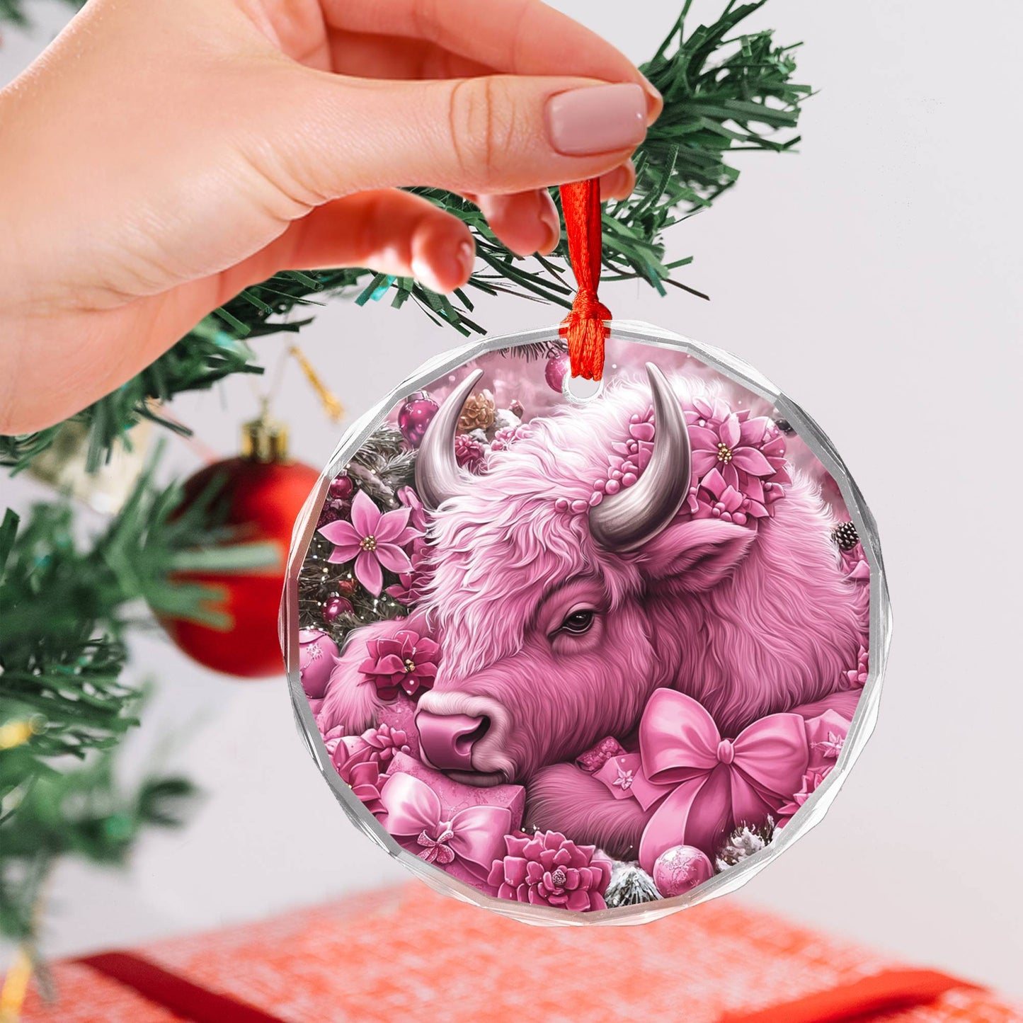 Bison Pink Christmas Design 2 Glass Ornament