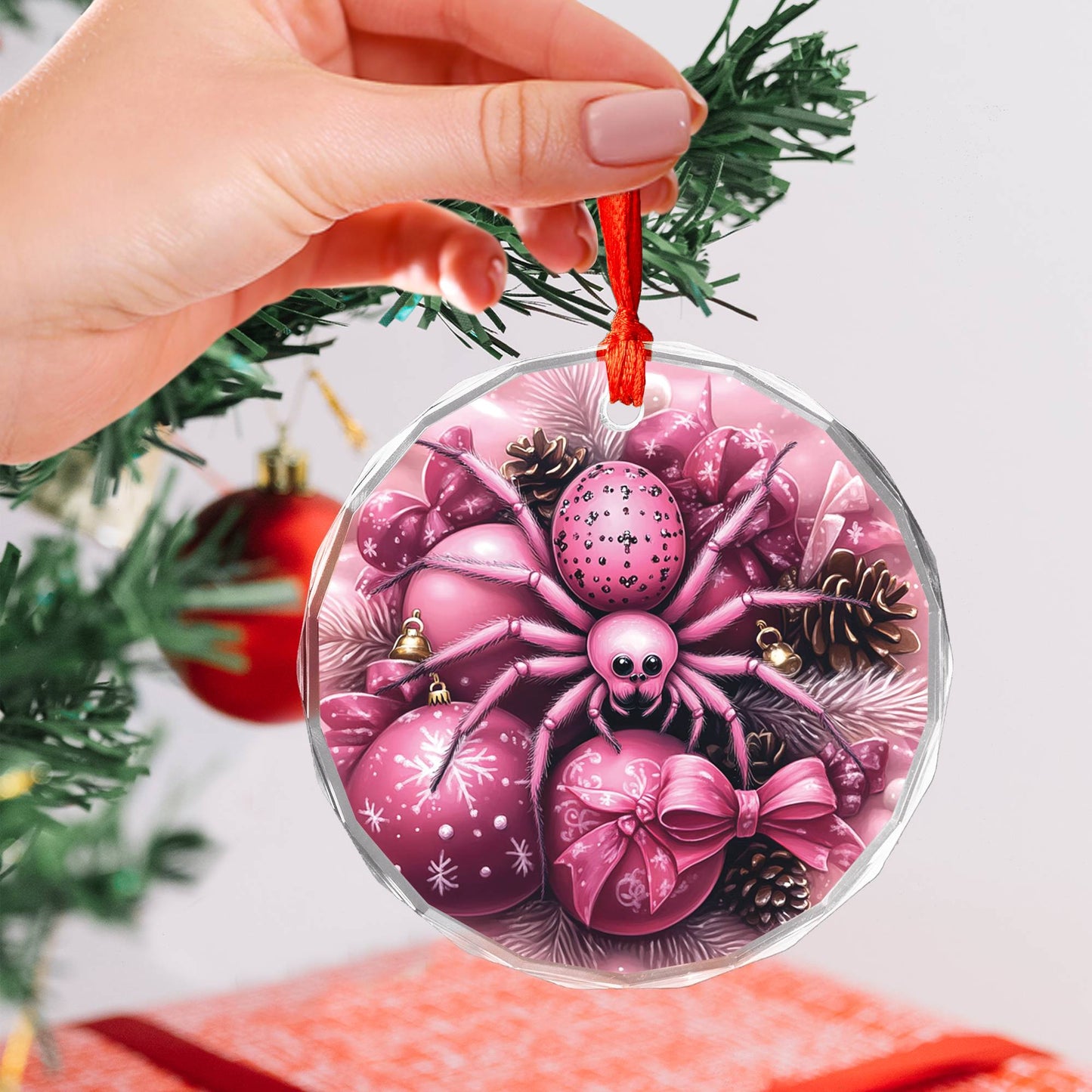 Spider Pink Christmas Design 2 Glass Ornament