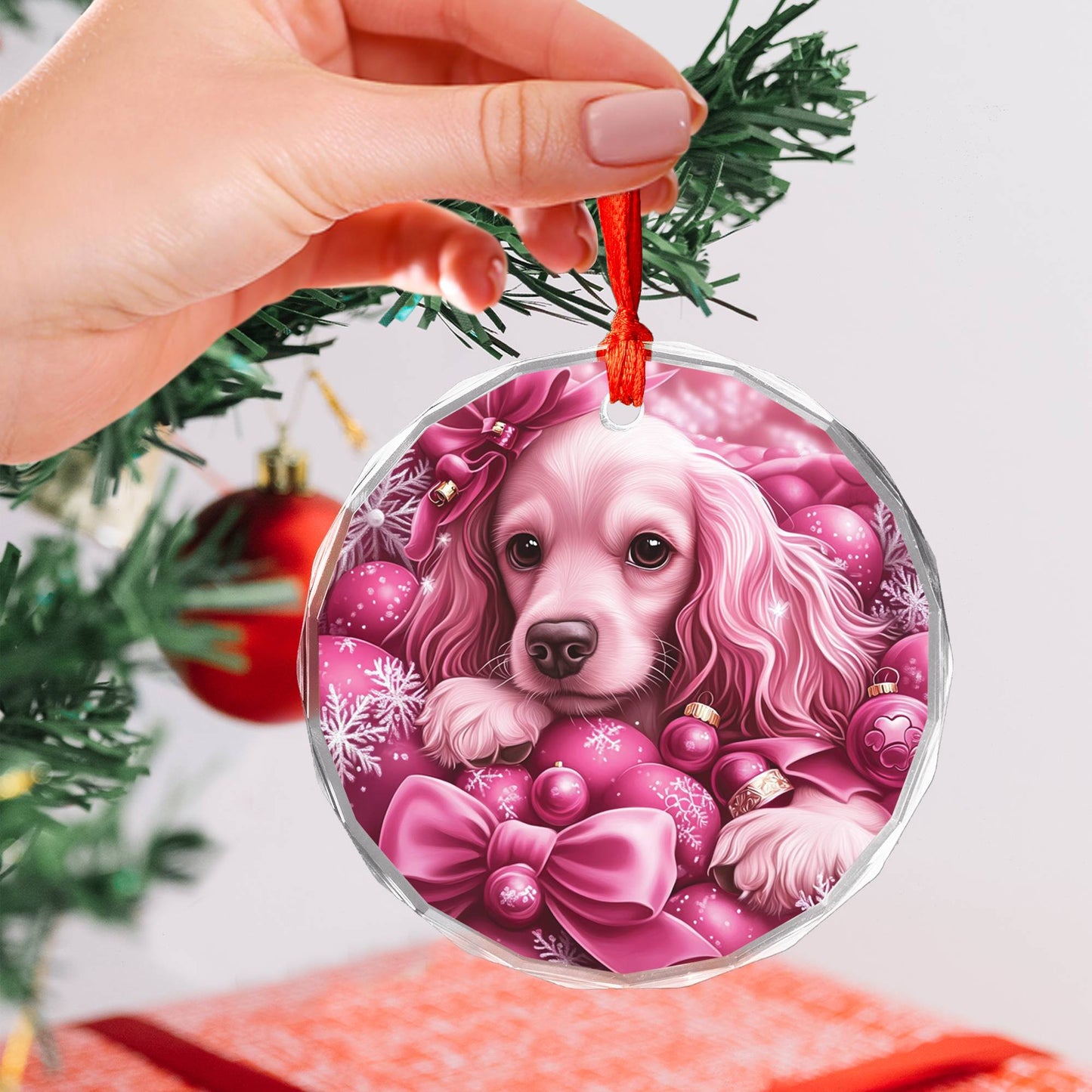 Cocker Spaniel Dog Pink Christmas Design 2 Glass Ornament