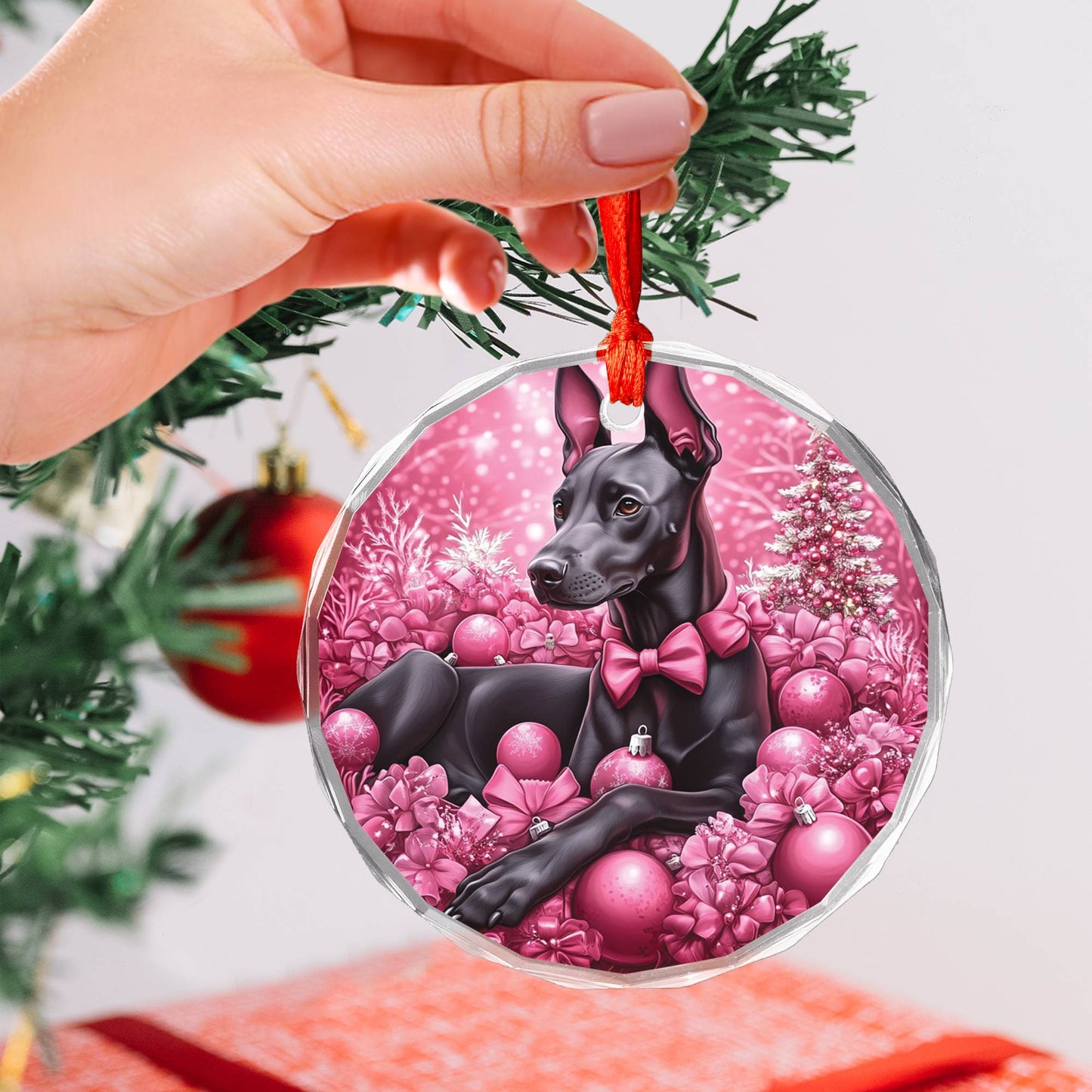 Doberman Pinscher Dog Pink Christmas Design 1 Glass Ornament