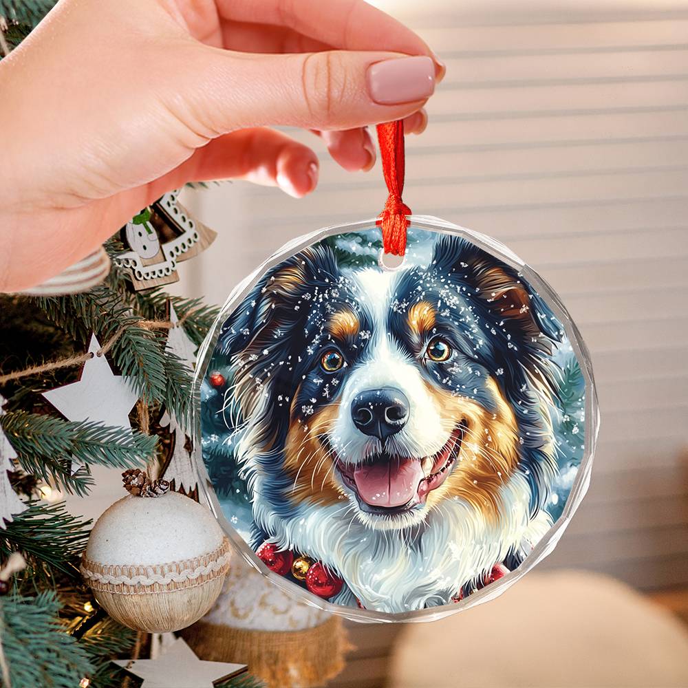Beautiful Angus Australian Shepherd Dog Christmas Night Design 4 Glass Ornament