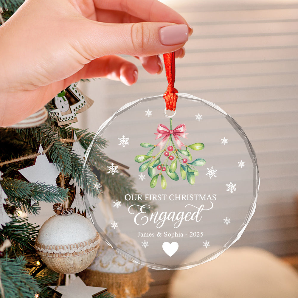 Mistletoe Our First Christmas Engaged - Personalized Circle Glass Ornament2