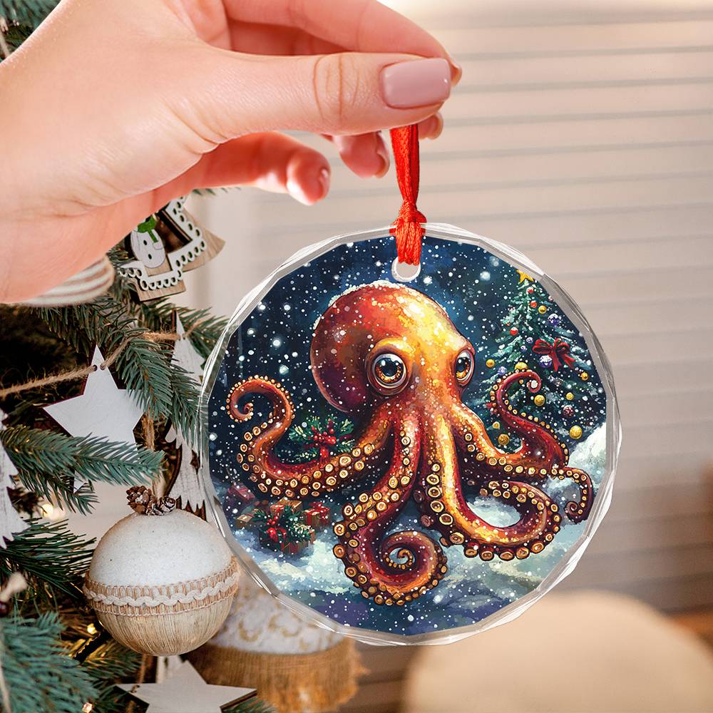Beautiful Angus Octopus Christmas Night Design 1 Glass Ornament