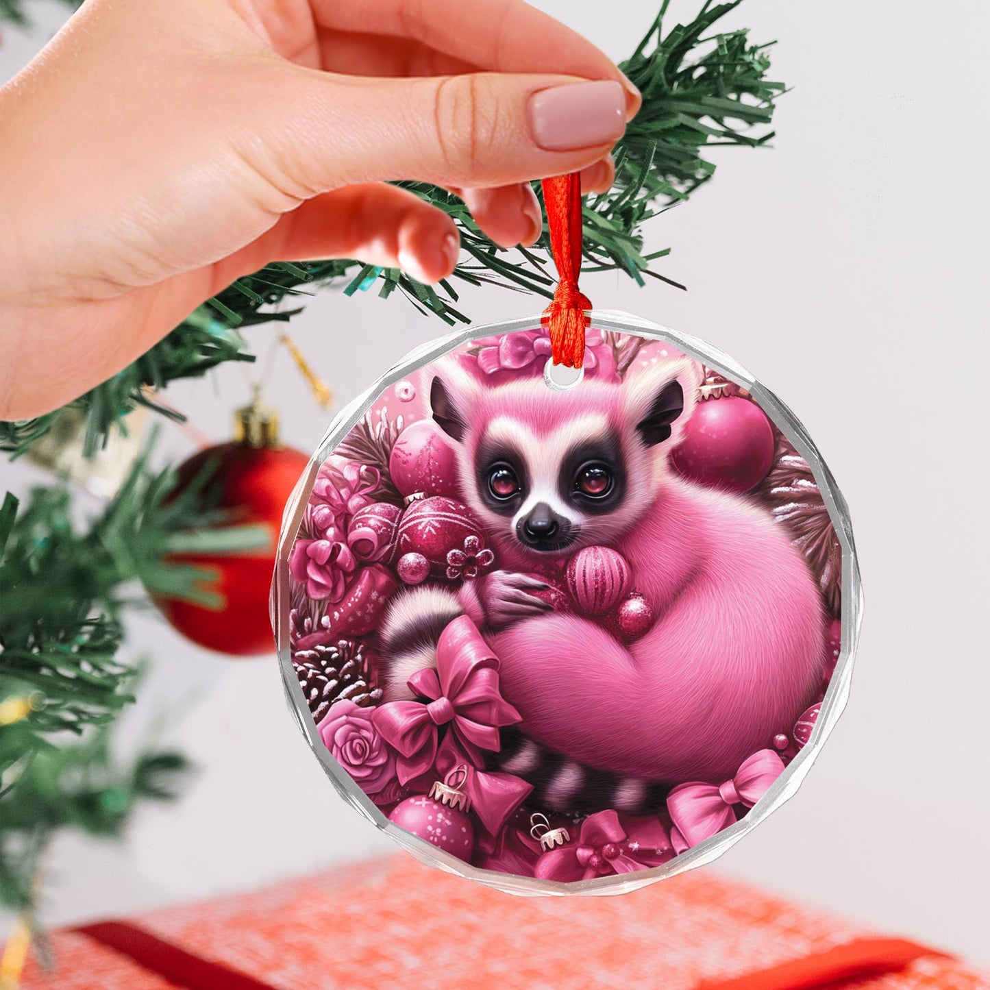 Lemur Pink Christmas Design 2 Glass Ornament