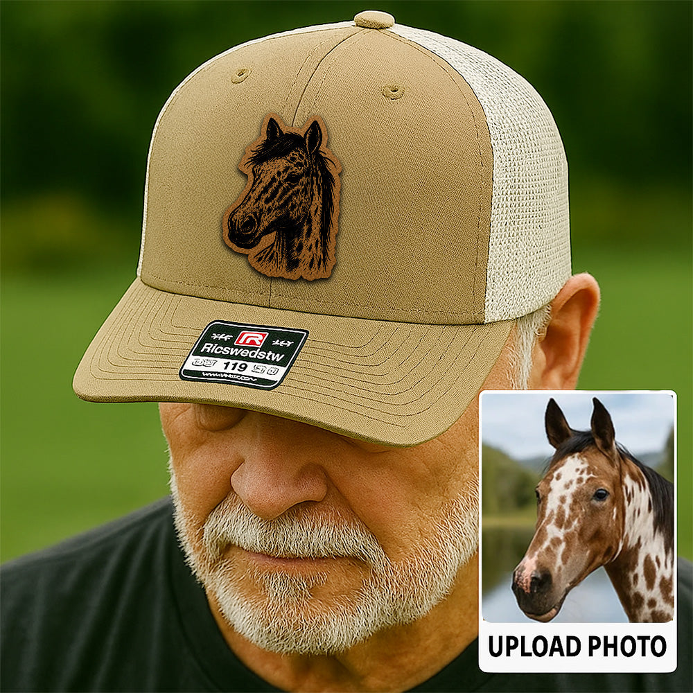 Custom Pet Photo Trucker Hat – Personalized Leather Patch Hat – Horse Portrait Gift – Custom Pet Face Hat P99A21