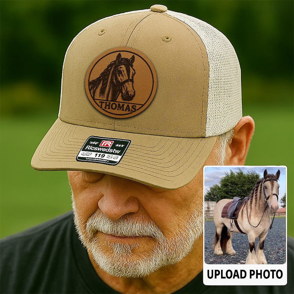 Personalized Horse Photo Leather Patch Hat | Custom Pet Photo Trucker Hat | Leather Patch Horse Hat  Farm Gift THUC9906
