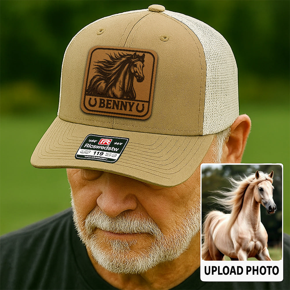 Personalized Horse Photo Leather Patch Hat | Custom Pet Photo Trucker Hat| Pet Face Hat Farm Lovers Gift THUC99P16