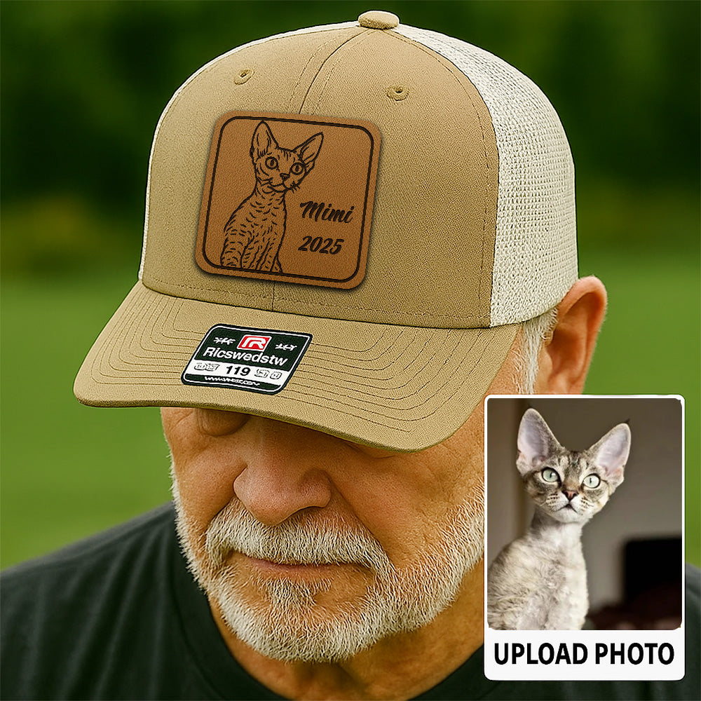 Custom Cat Photo Leather Patch Hat | Gift For Cat Lovers | Personalized Cat Memorial Trucker Hat TNGANSP014