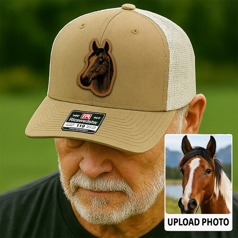 Custom Pet Photo Trucker Hat – Personalized Leather Patch Hat – Horse Portrait Gift – Custom Pet Face Hat P99A22
