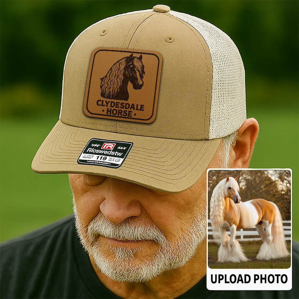 Personalized Horse Photo Leather Patch Hat | Custom Pet Photo Trucker Hat | Horse Head Leather Farm Patch Hat THUC99P12