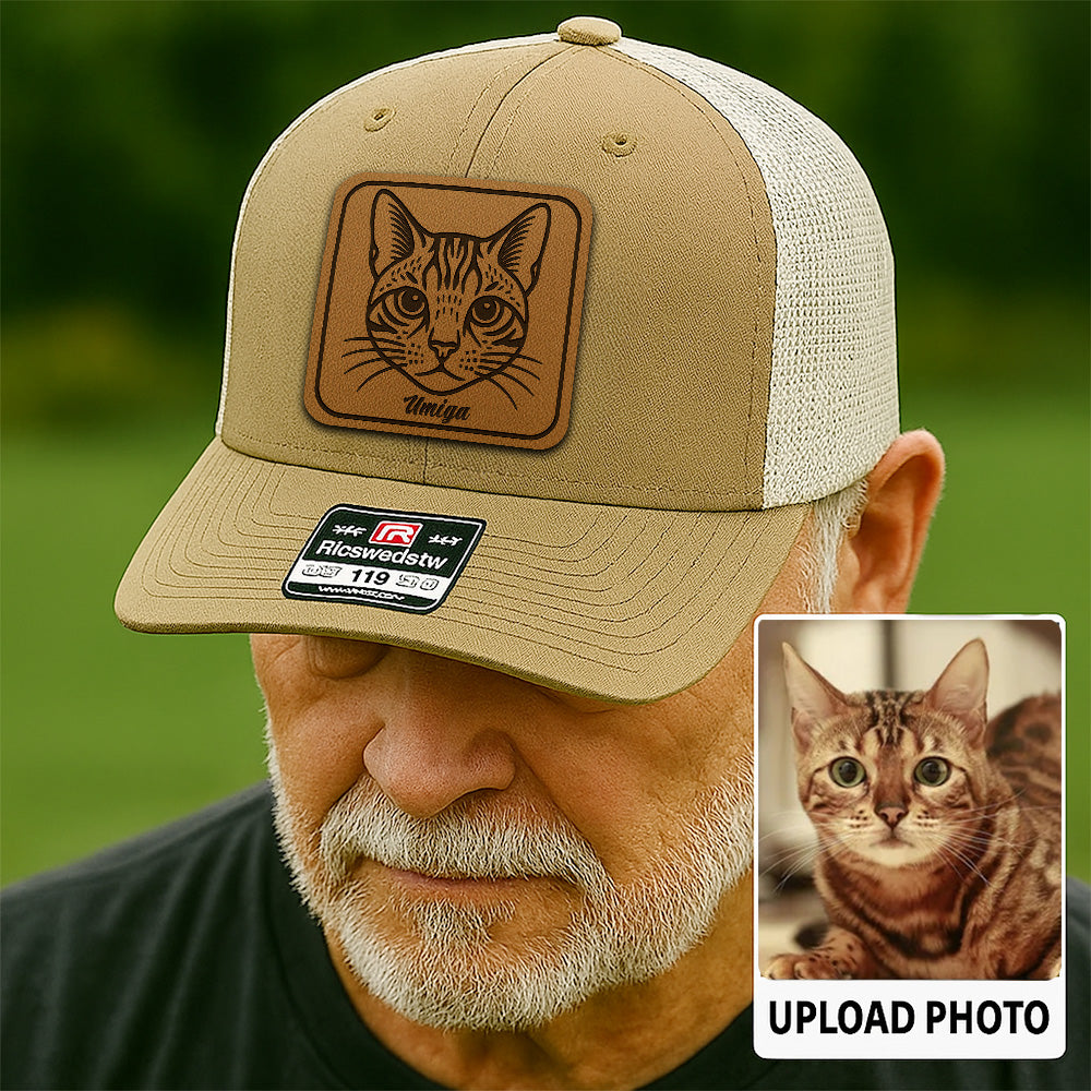 Custom Cat Photo Trucker Hat | Personalized Cat Patch Leather Patch Hat | Gift For Cat Lovers TNGANSP034