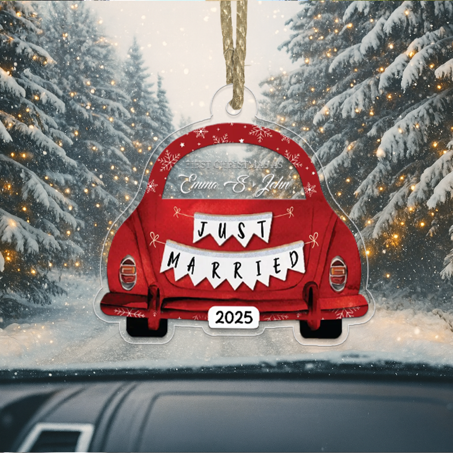 Custom Name Couple Just Merried Xmas Car