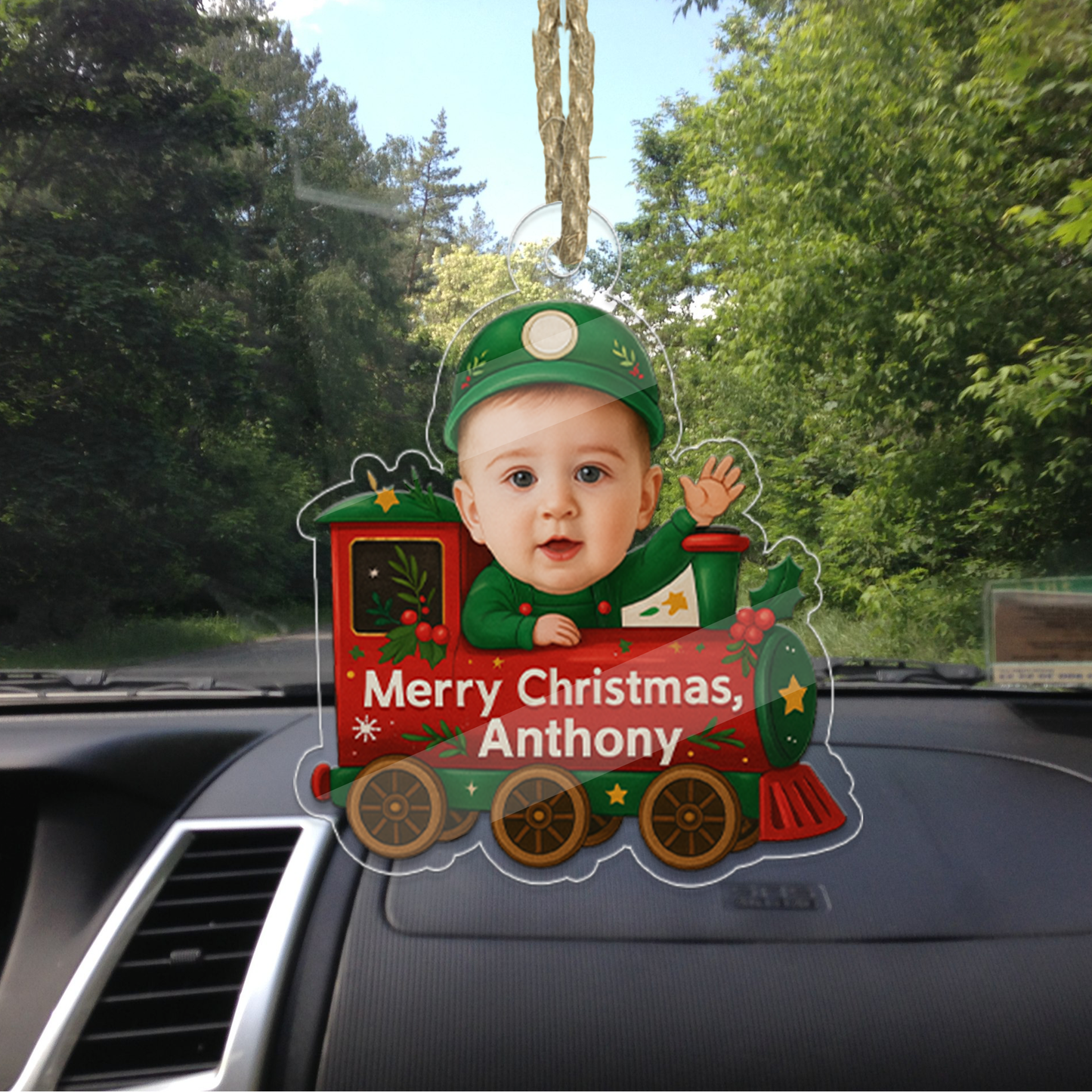 Custom Photo Baby In Train Acrylic Ornament, Funny Christmas Ornament, Custom Face Picture Ornament, Christmas Tree Decor