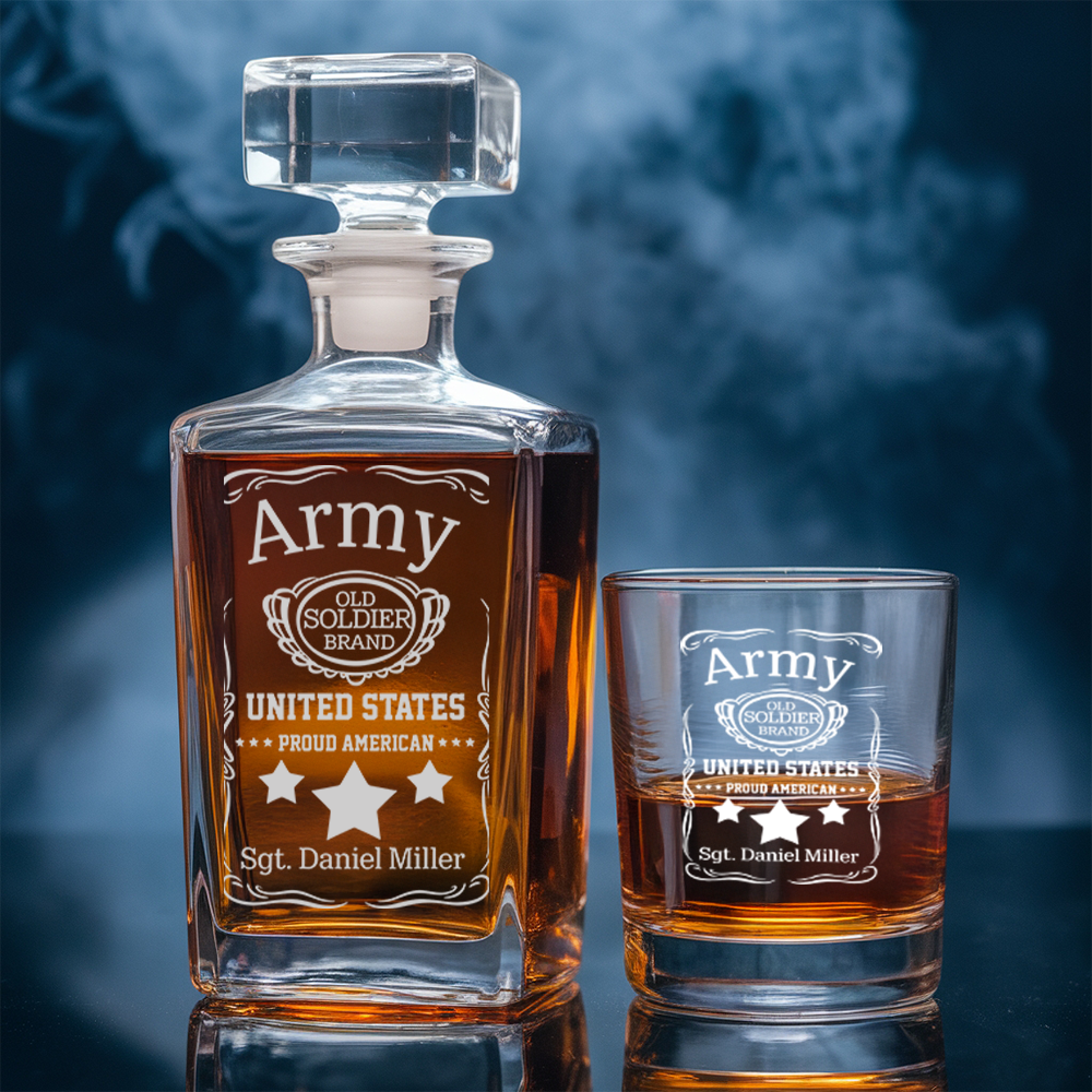 Military Whiskey Set, Personalized Army Decanter and Glasses, Patriotic Gift for Veterans and Soldiers, Gift For Independence Day TND092