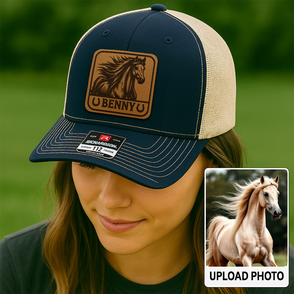 Personalized Horse Photo Leather Patch Hat | Custom Pet Photo Trucker Hat| Pet Face Hat Farm Lovers Gift THUC99P16