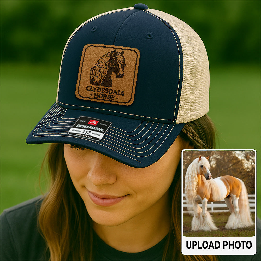 Personalized Horse Photo Leather Patch Hat | Custom Pet Photo Trucker Hat | Horse Head Leather Farm Patch Hat THUC99P12