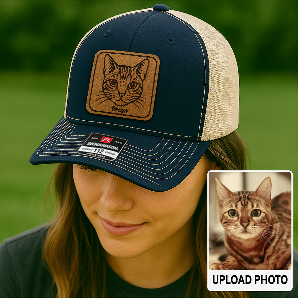 Custom Cat Photo Trucker Hat | Personalized Cat Patch Leather Patch Hat | Gift For Cat Lovers TNGANSP034