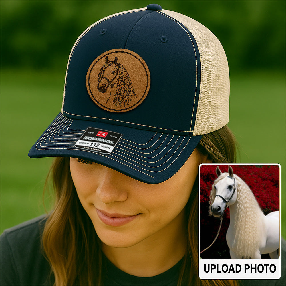 Personalized Horse Photo Leather Patch Hat | Custom Horse Photo Trucker Hat | Gift For Horse Farm Lovers THUC9907
