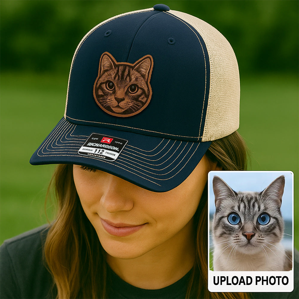 Custom Pet Photo Trucker Hat – Personalized Leather Patch Hat – Cat Dad Gift – Custom Pet Memorial Hat - Cat Gift - Engraved Hat NGOC99A5