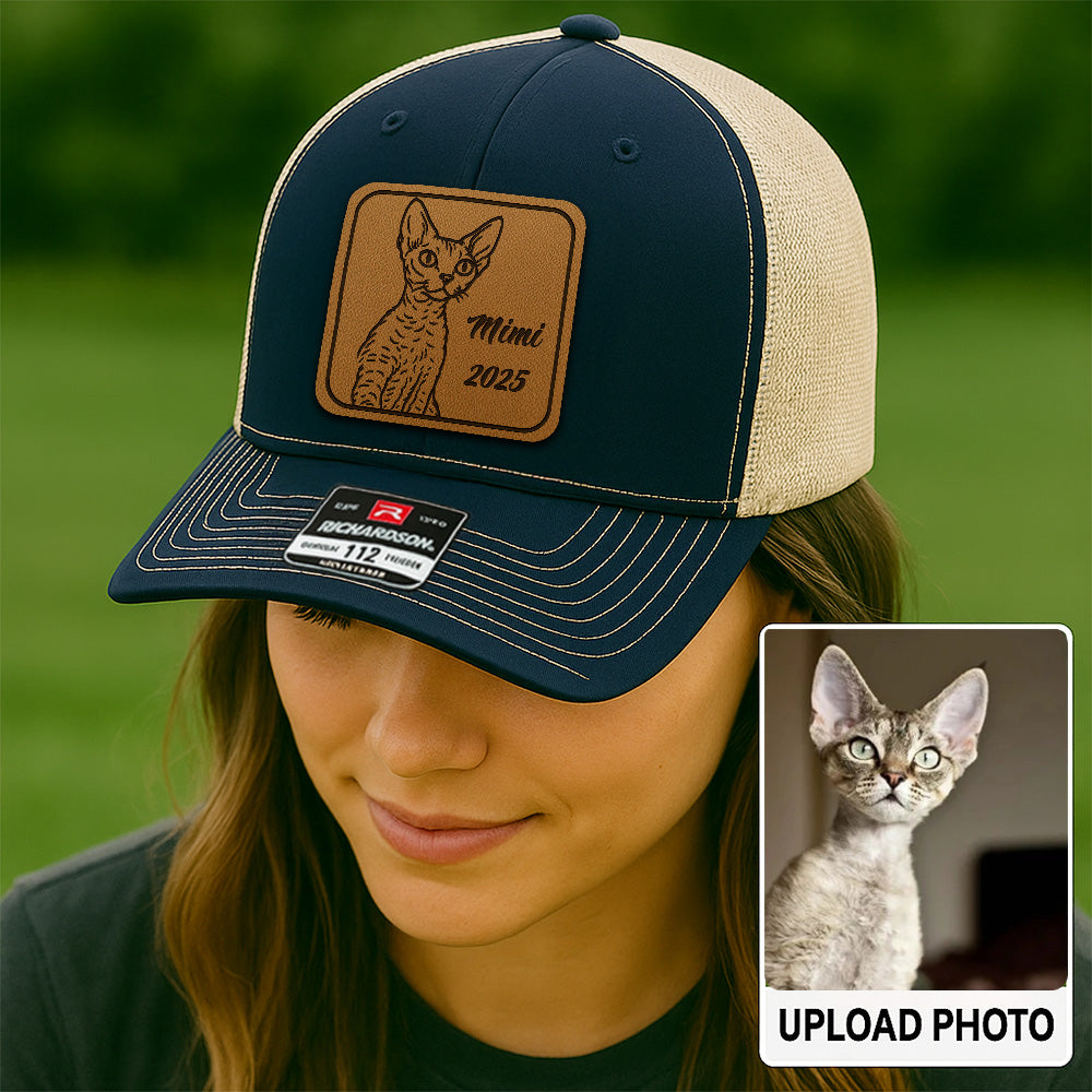 Custom Cat Photo Leather Patch Hat | Gift For Cat Lovers | Personalized Cat Memorial Trucker Hat TNGANSP014
