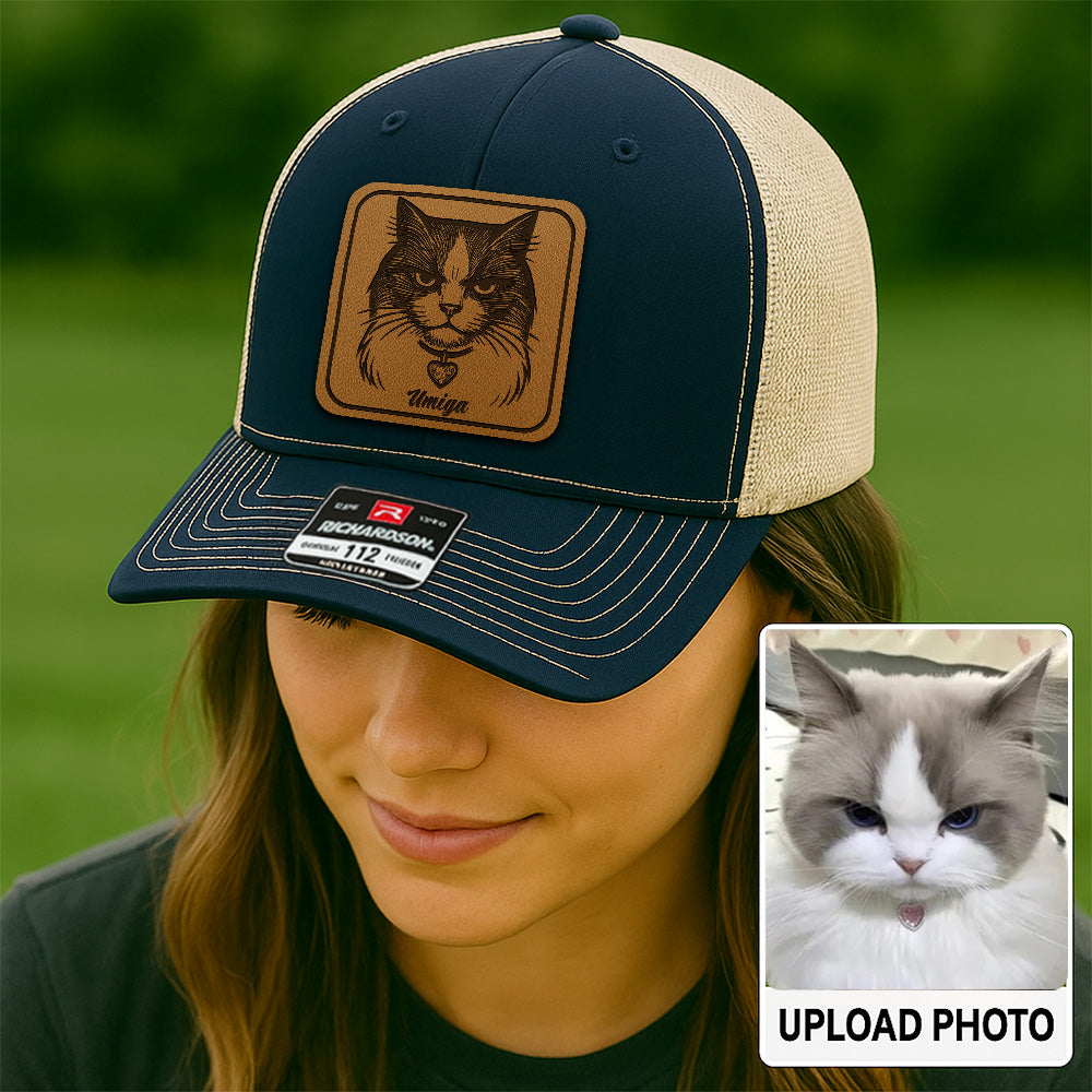 Custom Cat Photo Trucker Hat | Personalized Cat Patch Leather Patch Hat | Gift For Cat Lovers TNGANSP026