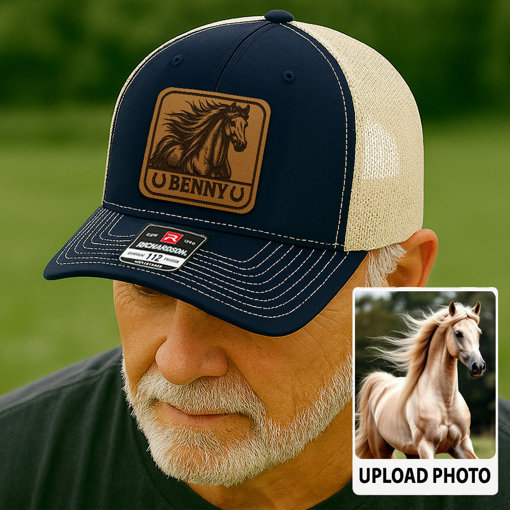 Personalized Horse Photo Leather Patch Hat | Custom Pet Photo Trucker Hat| Pet Face Hat Farm Lovers Gift THUC99P16