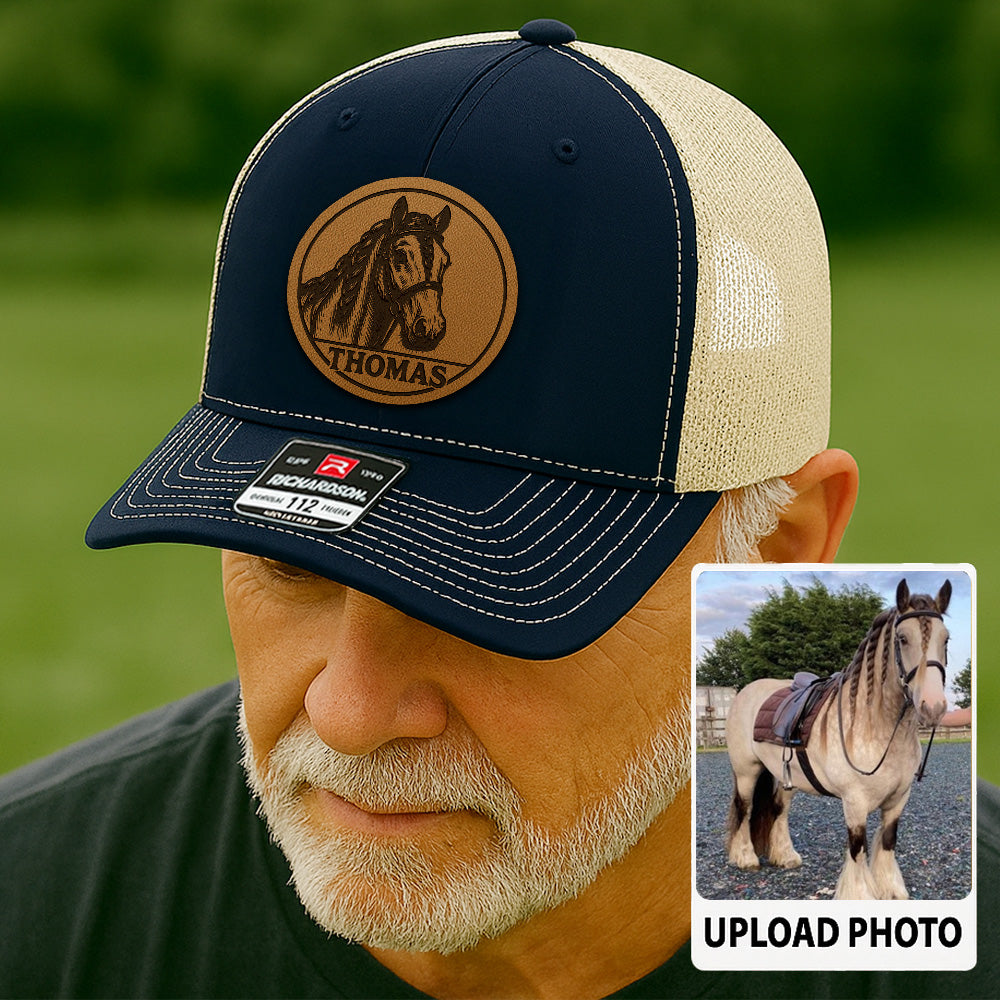 Personalized Horse Photo Leather Patch Hat | Custom Pet Photo Trucker Hat | Leather Patch Horse Hat  Farm Gift THUC9906