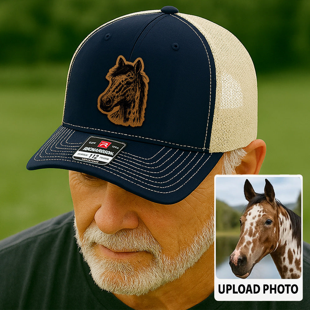 Custom Pet Photo Trucker Hat – Personalized Leather Patch Hat – Horse Portrait Gift – Custom Pet Face Hat P99A21