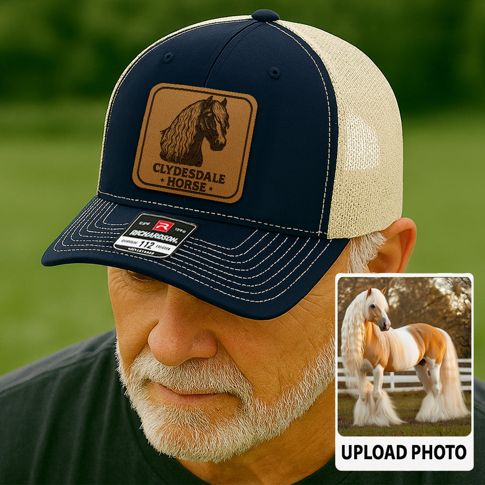 Personalized Horse Photo Leather Patch Hat | Custom Pet Photo Trucker Hat | Horse Head Leather Farm Patch Hat THUC99P12