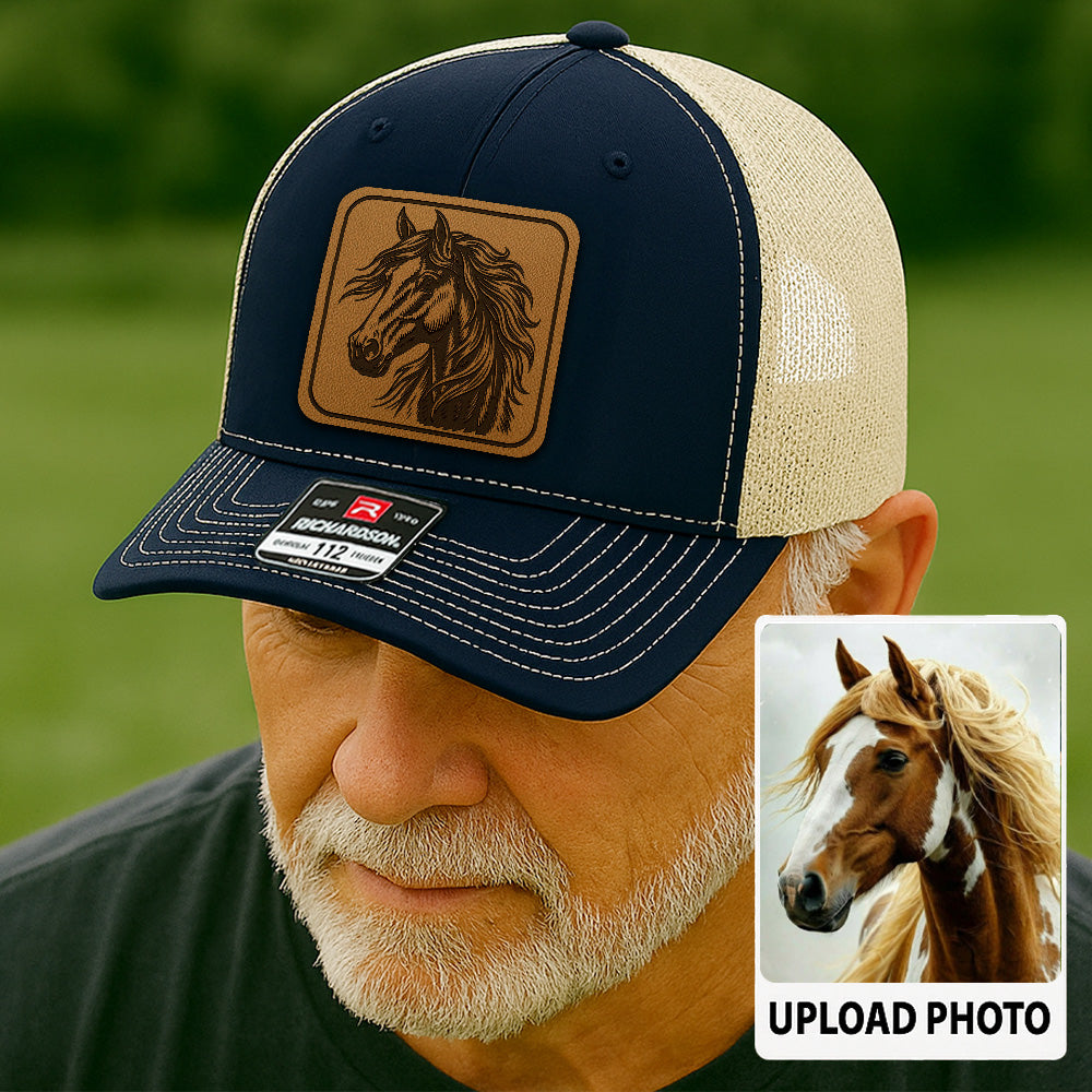 Personalized Horse Photo Leather Patch Hat | Custom Pet Photo Trucker Hat | Horse Head Farm Leather Patch Hat THUC9904