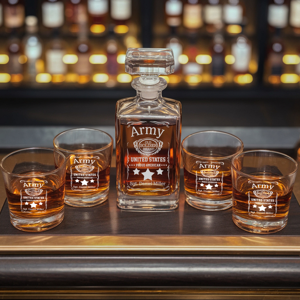 Military Whiskey Set, Personalized Army Decanter and Glasses, Patriotic Gift for Veterans and Soldiers, Gift For Independence Day TND092