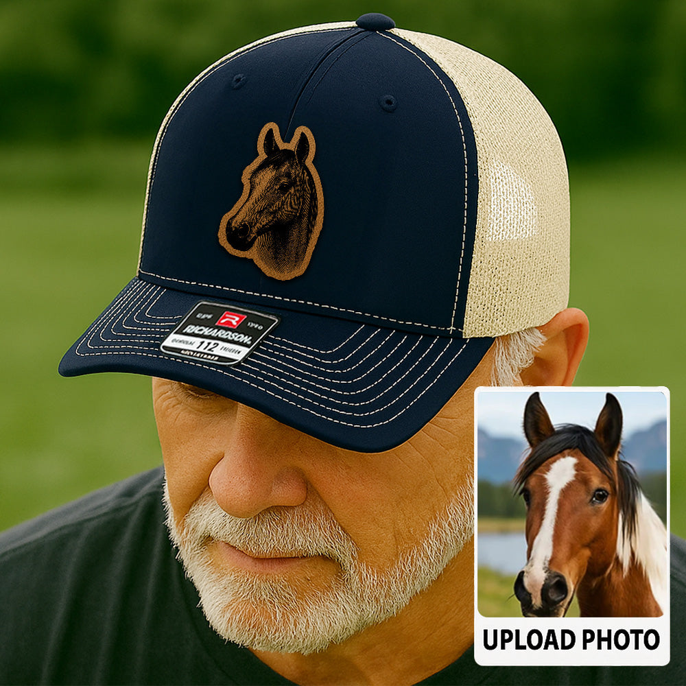 Custom Pet Photo Trucker Hat – Personalized Leather Patch Hat – Horse Portrait Gift – Custom Pet Face Hat P99A22