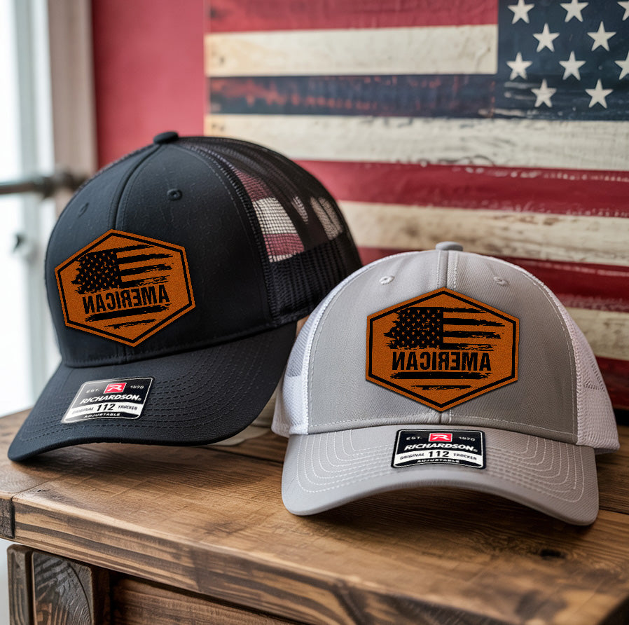 American Flag Leather Patch Hat – 4th of July Trucker Hat – Patriotic USA Cap – Independence Day Hat for Men – Rustic American Pride Hat NGOC99NT01