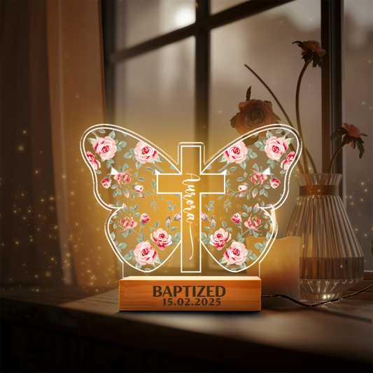 Aeluxlas Personalized Baptism Butterfly Cross Night Light , Baptism Gift For Kids, Custom Cross Night Light Gift For Goddaughter, Godson, Christian Nursery Decor Gift