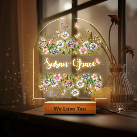 Aeluxlas Personalized Butterfly and Flower Baby Night Light – Custom Name Bedside Lamp for Girls, Floral Garden Nursery Décor, Birthday Gift for Her