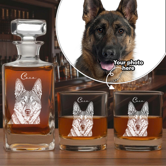 Custom Dog Photo Whiskey Decanter Set – Personalized Pet Name Glass 11oz – Gift for Dog Mom & Dad  THUC99DP04