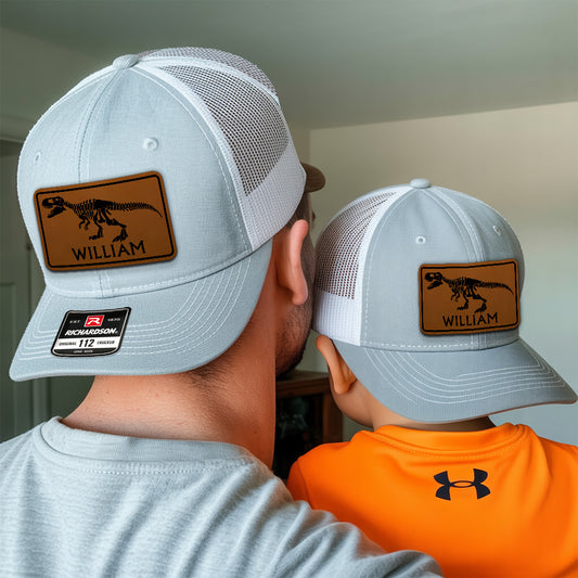 Personalized Dinosaur Kid Leather Patch Hat, Kids Custom Hats, Custom Infant Toddler Kids Youth Trucker Hat TNNK06