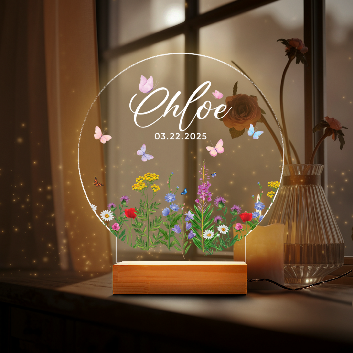 TNN041 Birthday Gift for Her, Custom Floral Butterfly Name Night Light, Christening Gift, Baptism Gift for Kids, Custom Baby Night Light with Name