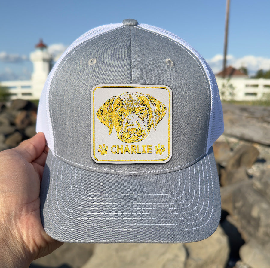 Custom Leather Patch Trucker Hat – Personalized Pet Portrait Hat – Photo Engraved Gift for Pet Lovers THUC99HA13