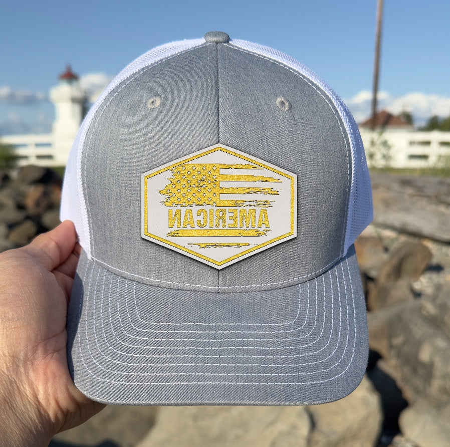 American Flag Leather Patch Hat – 4th of July Trucker Hat – Patriotic USA Cap – Independence Day Hat for Men – Rustic American Pride Hat NGOC99NT01