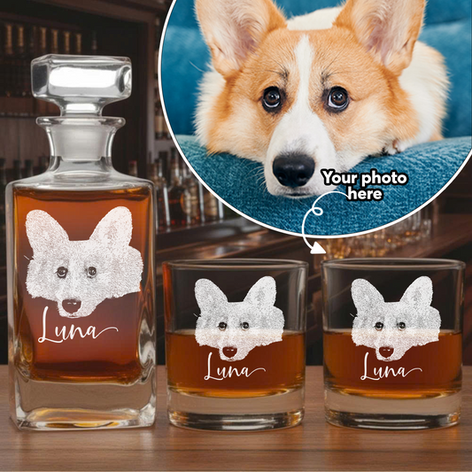Custom Photo Dog Whiskey Set – Dog Mom Personalized Decanter Set Glass Gifts THUC99DP09