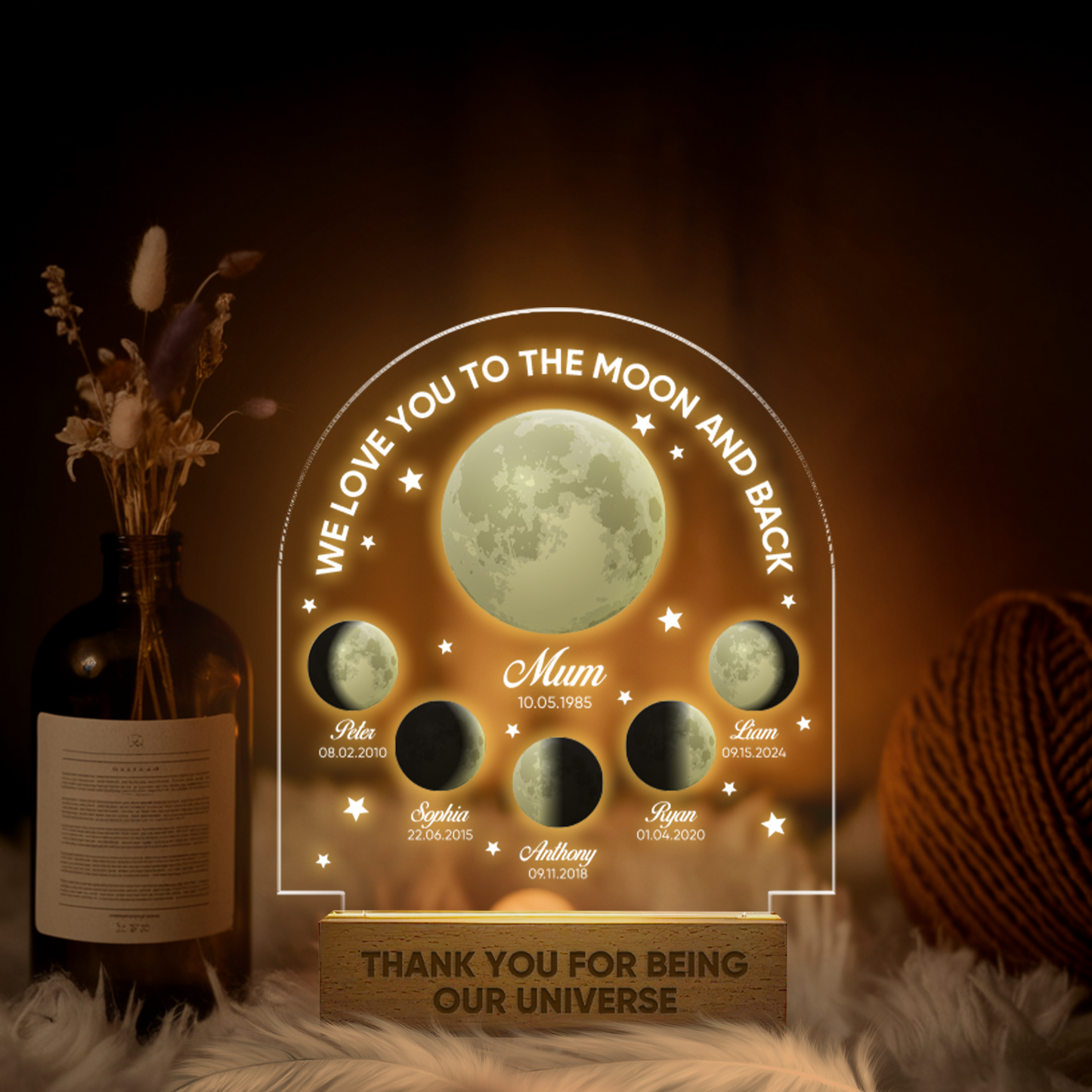 Aeluxlas Personalized Moon Phase By Date Led Night Light, Custom Mom and Kids Moon Phase Light Plaque, Mother’s Day Gift, Gift For Mom, Family Gifts