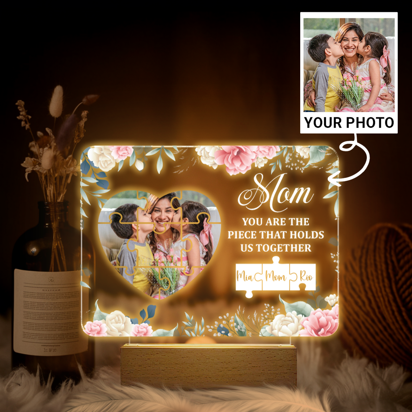 Aeluxlas Personalized Photo Night Light, Birthday Gift for Mom, Mum Gift from Daughter, Mother's Day Gift, You Are The Piece That Holds Us Together