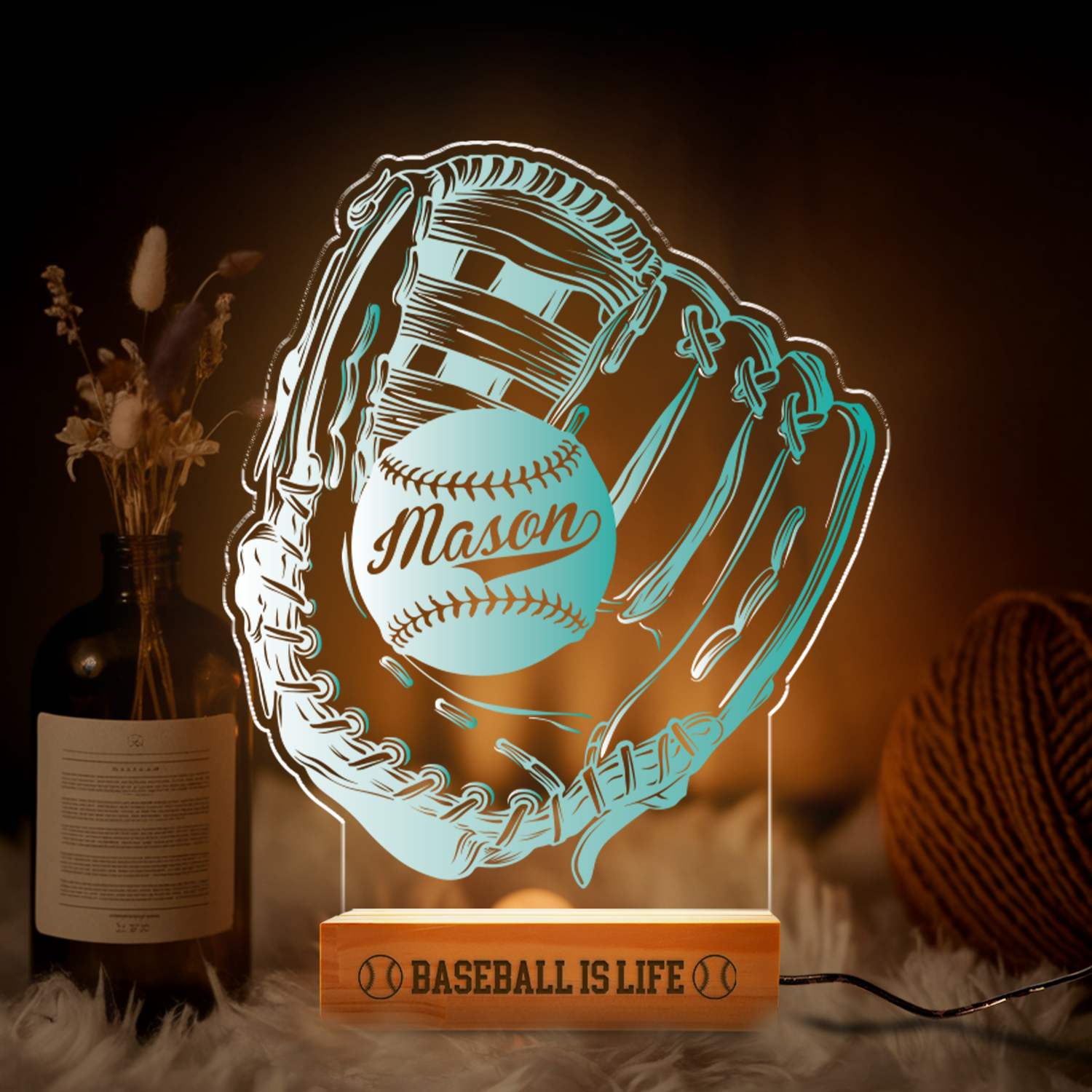 Aeluxlas Baseball Glove LED Night Light, Kid's Glove & Ball Decor Lamp Birthday Gift, Coach Name Sign