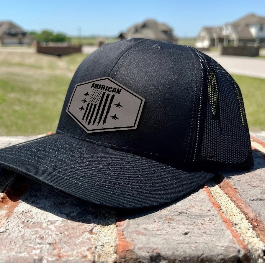 American Jet Flight Leather Patch Hat – Patriotic Military Air Force Trucker Hat – 4th of July USA Pilot Cap – Veteran Gift for Him NGOC99NT15